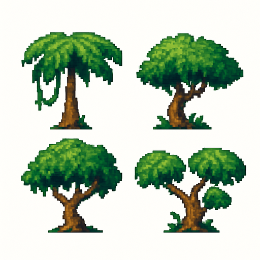 Generame arboles pixelar, de jungla, en fondo balnco.
In-Game asset.  2d.  High contrast.  No shadows