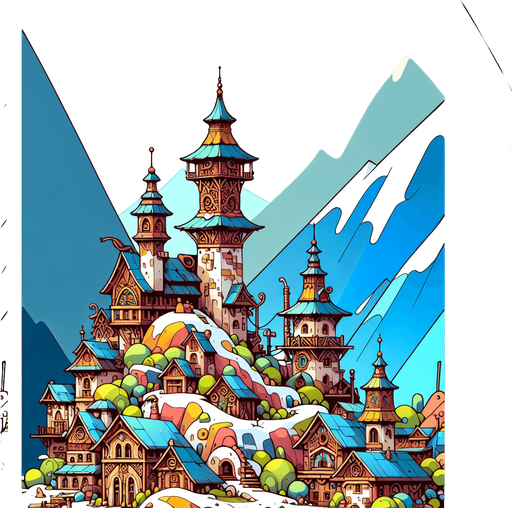 Epic background of a grinch village in the mountains, cartoon Single Game Texture. In-Game asset. 2d. Blank background. High contrast. No shadows.