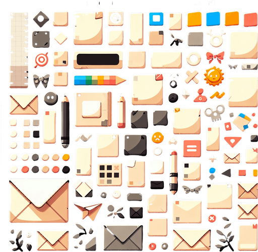 stick on papers and envelops.
Single Game Texture. In-Game asset. 2d. Blank background. High contrast. No shadows.