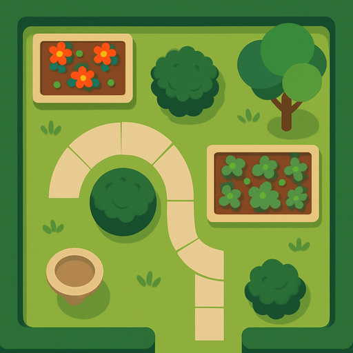 top view of a garden.
2d.  No shadows. In-game assetmodern, simple