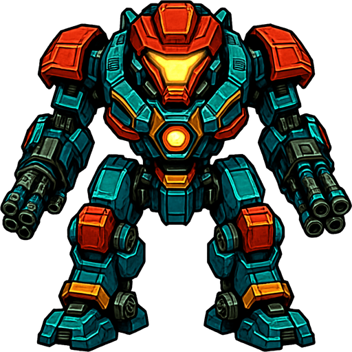 different cyber big Robot enemy from the front side facing camera. HD colors. separated
In-Game asset.  2d.  High contrast.  No shadows