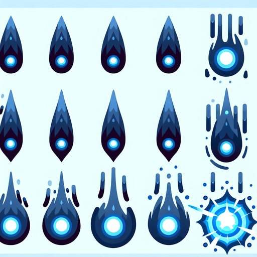 A sprite sheet of energy projectiles. Dark blue projectiles tear shaped with light blue energy core.
Single Game Texture. In-Game asset. 2d. Blank background. High contrast. No shadows.