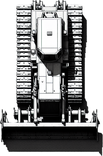 Bulldozer viewed strictly from top. Top view as if we are a drone..
Single Game Texture. In-Game asset. 2d. Blank background. High contrast. No shadows.