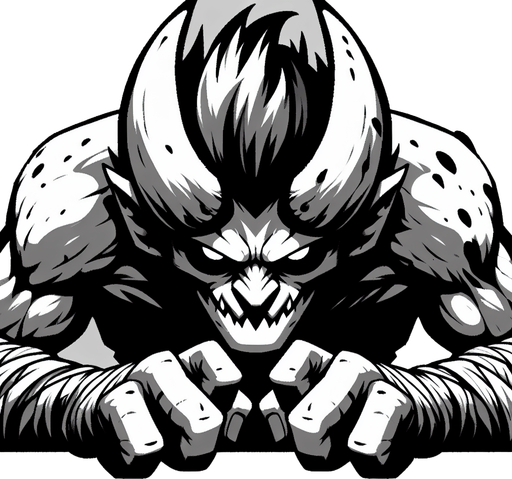 cartoon demon looking down with hands gripping..
Single Game Texture. In-Game asset. 2d. Blank background. High contrast. No shadows.