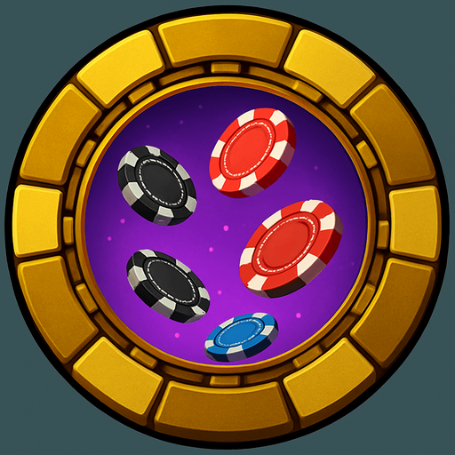 Change the image of the shield in the center to poker chips falling from the sky. Change the background color in the center to purple.