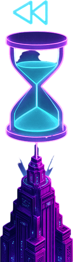 Top down isometric neon cyberpunk futuristic massive tower spire 3D slow down rewind symbol projection over top, time slowed symbol purples teal pink vaporwave glowing hologram over top hourglass glowing fully in frame not cutoff no background
