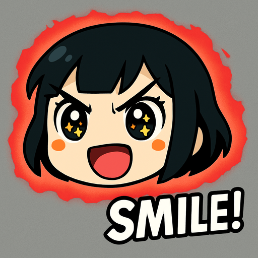 Haz una animación en la que solo se vea su cara recortada, un aura de energía roja rodeándola, y que aparezca como una viñeta que demuestre que está a punto de hacer su acción definitiva. Que escriba la palabra SMILE! abajo a la derecha. La imagen debe tener un fondo color gris
