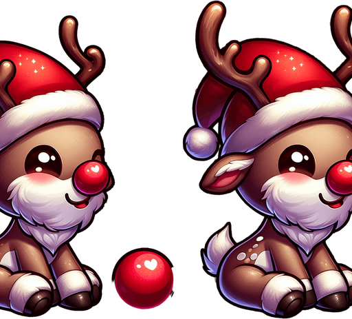 a cute little santa's reindeer with a red nose sitting Single Game Texture. 2d. Transparent background. High contrast. No shadows.