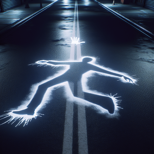 border of a silouete of a victim in white chalk on a road, arm up.
video game style
