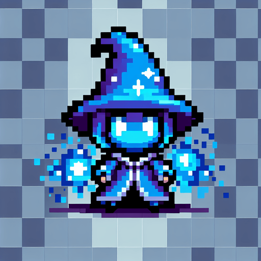 blue chibi mage 8 bit image.
Single Game Texture.  In-Game asset.  2d.  Blank background.  High contrast.  No shadows