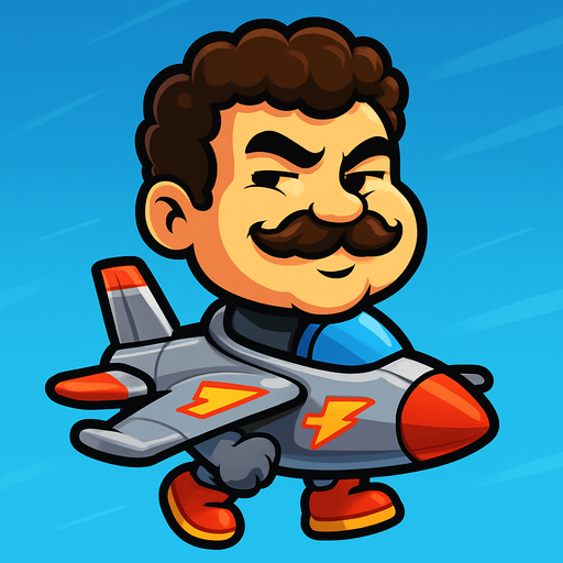 Design a cartoon-style character inspired by Head Ball characters, but themed as a fighter jet. The character should have an oversized head (like in the original Head Ball game), but instead of a human body, the head is mounted on a small cartoon fighter jet body. The jet should be stylized and playful, with exaggerated features like short wings, colorful decals, and a compact, fun shape. The cockpit should seamlessly blend into the character's neck or jawline area. The jet can have arms coming out from the sides of the fuselage like wings, and the rear part can have feet-like tail fins resembling shoes.
The overall design should feel dynamic, energetic, and arcade-like, as if mid-flight in a blue sky or cockpit environment.

The face should be: A cartoon-style floating head of a chubby young man with a round, soft face. He has thick curly short hair, a bushy mustache, and a mischievous half-smile with slightly squinted eyes. His cheeks are full, and his expression is confident and che.
In-Game asset.  2d.  High contrast.  No shadows