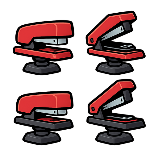 Stapler Turret Sprite Sheet: An office stapler mounted on a simple rotating base images show it opening and closing..
In-Game asset.  2d.  High contrast.  No shadows