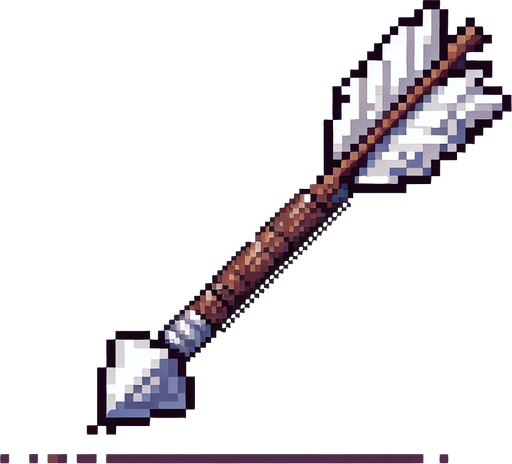 A wooden arrow with white feathers and a steel arrow head. Horizontal. Pixel art.
Single Game Texture.  In-Game asset.  2d.  Blank background.  High contrast.  No shadows
