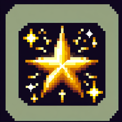 A golden glowing star, pixel art
Single Game Texture. In-Game asset. 2d. Blank background. High contrast. No shadows.