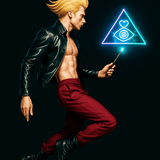 Swishy graceful man Cyberpunk manga, side profile view, flying flight levitation magic spell action shot shiny black leather biker jacket longsleeves shirtless Skinny abs blonde pompadour guy, dynamic motion lifting off ground wine red joggers combat boots, gemstone tipped magic wand heart triangle eye sigil hologram 3d neon, tilting forward legs relaxed toes pointed arms relaxed at sides, Background removed, "Full-body character, entirely in frame, no cropping of face, head, or feet" "Complete character visible, from head to toe, fully centered in the image" "Entire character, including face and boots, fully within the frame" Character fully contained within a square frame, no edges cut off fashion model pose style of Vogue magazine