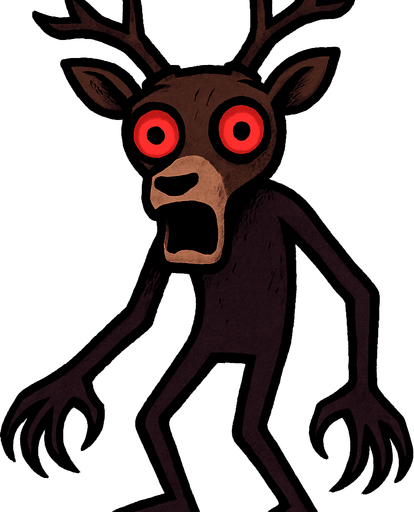 Cabeza de Ciervo: La figura posee una cabeza detallada de ciervo, con astas ramificadas de color oscuro (posiblemente negro o marrón oscuro). Tiene orejas puntiagudas y un hocico prominente de un tono más claro que el resto del cuerpo. Los ojos son grandes, completamente blancos con pupilas rojas gigantes y redondas, lo que le confiere una mirada vacía y sorprendente. La boca está abierta en una expresión que podría interpretarse como un grito o una mueca.

Cuerpo Humanoide: El cuerpo es de forma vagamente humana, con dos brazos largos y delgados que terminan en manos con lo que parecen ser garras o dedos muy alargados. Las piernas son también delgadas y la postura sugiere que está de pie. El color del cuerpo es principalmente marrón oscuro o morado oscuro..
In-Game asset.  2d.  High contrast.  No shadows