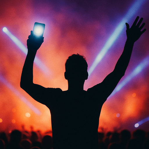 Dancing man with hands up dark siluette on a concert, front view. 
A smartphone with white flash in One of his hand.