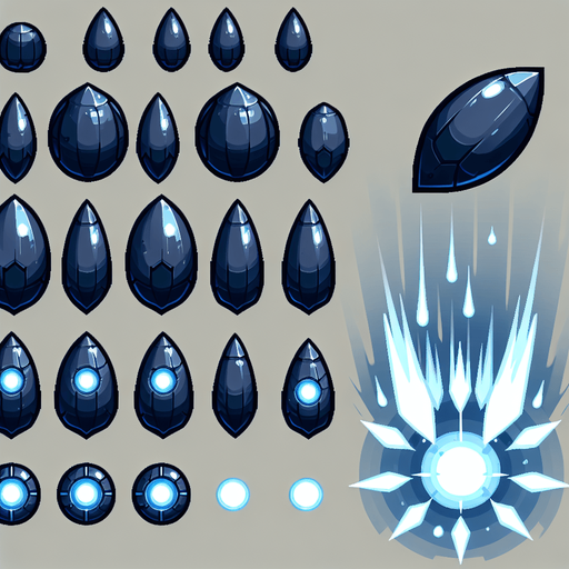 A sprite sheet of energy projectiles. Dark blue projectiles tear shaped with light blue energy core.
Single Game Texture. In-Game asset. 2d. Blank background. High contrast. No shadows.