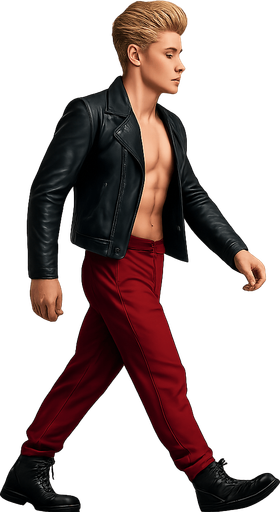 Same pose profile view walking animation, shiny black leather biker jacket longsleeves shirtless Skinny abs blonde pompadour guy, wine red joggers combat boots, Background removed, "Full-body character, entirely in frame, no cropping of face, head, or feet" "Complete character visible, from head to toe, fully centered in the image" "Entire character, including face and boots, fully within the frame" Character fully contained within a square frame, no edges cut off fashion model idle pose