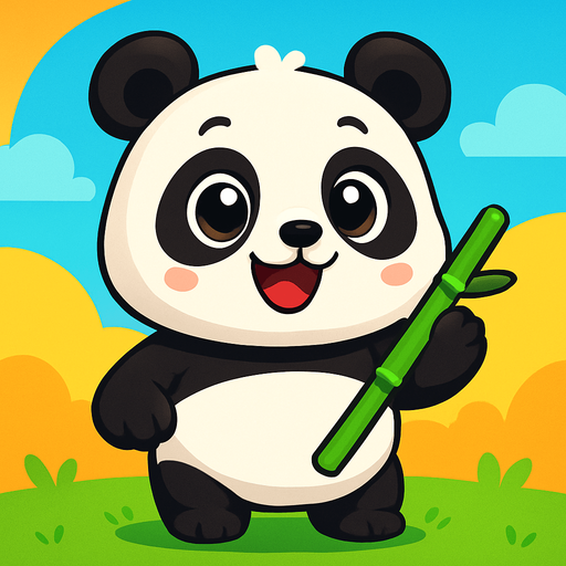 A cute cartoon-style panda character for a mobile game. Chubby body with classic black and white fur, big round eyes with a sparkle, small ears, sitting or standing upright with a happy, playful expression. Holding a bamboo stick or waving. Colorful, simple background. High-quality digital illustration, ideal for a children’s game.”.
In-Game asset.  2d.  High contrast.  No shadows. cartoon style