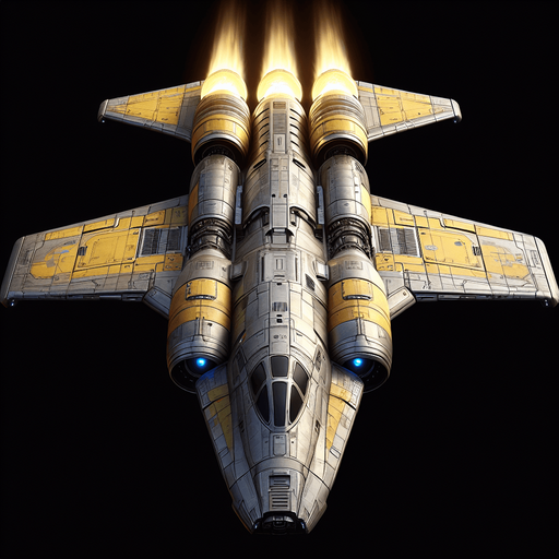 Create a highly detailed image of a space shuttle top view with no angel soaring through deep space. The shuttle should have a sleek, aerodynamic design with visible engines emitting a faint blue glow. It should feature realistic textures, metallic surfaces, and visible symbols. Make the shuttle color Yellowish. Make it straight going forward.
Single Game Texture. In-Game asset. 2d. Blank background. High contrast. No shadows.