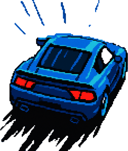 carro azul deportivo con la perspectiva hacia arriba.
In-Game asset.  2d.  High contrast.  No shadows hecho con pixeles acelerando con perspectiva trasera sin el rastro