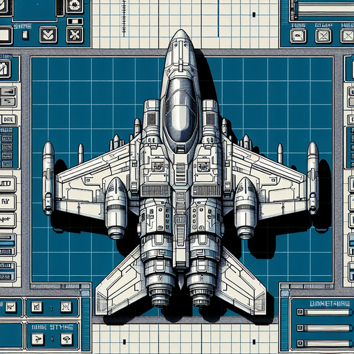 Futuristic fighter plane, chrono trigger, top down view, behind
Single Game Texture. In-Game asset. 2d. Blank background. High contrast. No shadows.