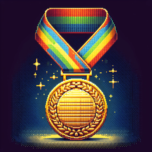 gold athletics medal with ribbon.
retro gaming style