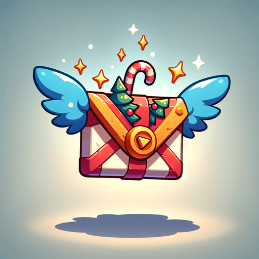 flying envelope with wings, christmas style, cartoon Single Game Texture. In-Game asset. 2d. Blank background. High contrast. No shadows.