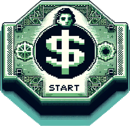 face view of a big start button in the shape of a dollar bill.
video game style