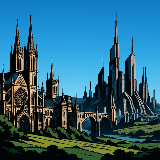 anime image realistic ghotic medieval futuristic landscape from distance add clear blue sky day
In-Game asset.  2d.  High contrast.  No shadows.
In-Game asset.  2d.  High contrast.  No shadows