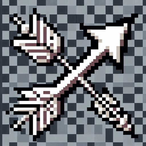 Create a sprite sheet featuring a white arrow with a black outline. The arrow should be detailed with distinct features and pixel art styling reminiscent of classic 32-bit era video games. Ensure the arrow stands out against any background with its contrasting colors. Arrange the arrows neatly on a transparent background for easy identification and integration into game development..
Single Game Texture. In-Game asset. 2d. Blank background. High contrast. No shadows.