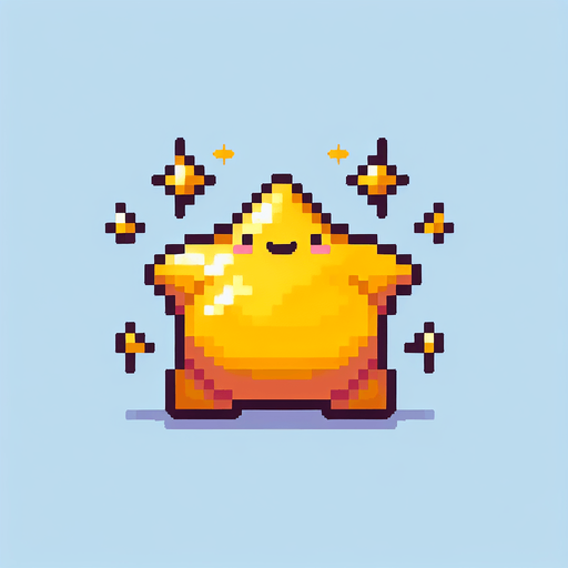 pixelart. a chubby golden star..
Single Game Texture. In-Game asset. 2d. Blank background. High contrast. No shadows.