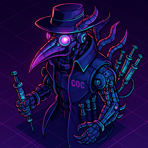 Neon cyberpunk anime top down isometric animatronic plague doctor cyborg demon medic CDC corporate robot monster disease pestilence medicine syringes