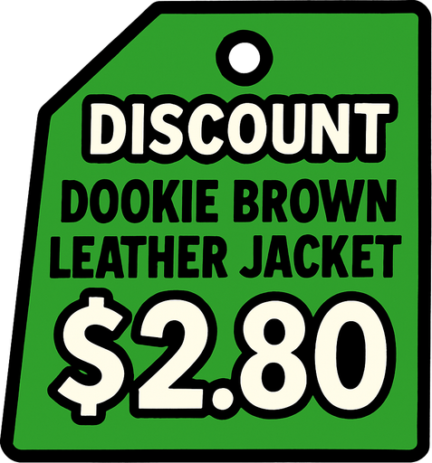 green price tag that says discount Dookie Brown Leather Jacket $2.80.
In-Game asset.  2d.  High contrast.  No shadows