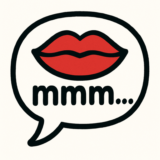 Simple cartoon speech bubble with closed lips icon and lowercase lettering 'mmm...'.
Single Game Texture.  In-Game asset.  2d.  Blank background.  High contrast.  No shadows