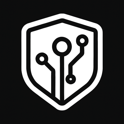 white, simple digital badge icon, clean futuristic circuit look, top-down view, 76x76 pixels, no text, no glow, flat lines only.
High contrast.  No shadows