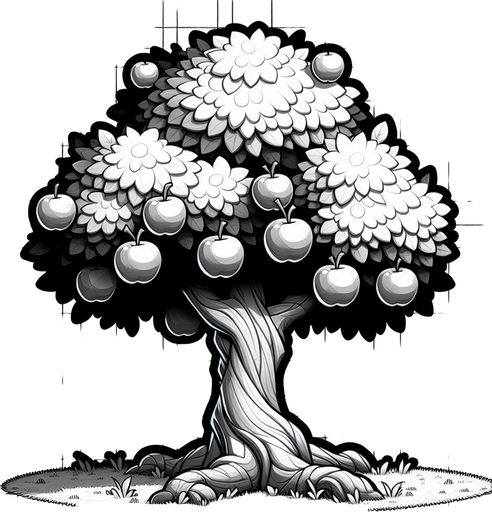 Apple tree with crown extending beyond the frame, tall trunk full height of the frame, cartoon style.
Single Game Texture. In-Game asset. 2d. Blank background. High contrast. No shadows.