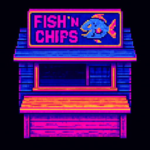 A fish and chips shack with a big counter in the front and a large open window behind. Large sign on roof says "Fish 'n Chips" with a cartoon fish. Seen from top down view with the front of the shack facing down.