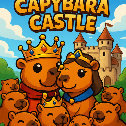 Utilizando este ejemplo. Hay un castillo al fondo. Al frente esta el rey capybara y la reina capybara tranquilos y los capibaras habitantes estan rodeandolos felices. Elimina el cañon de detras. Agrega el titulo de juego en la parte superior: Capybara Castle.
In-Game asset.  2d.  High contrast.