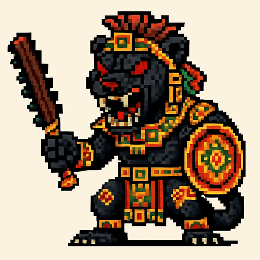 Genérame una Tayra guerrero azteca con eso patrones, estilo pixelar, con una apariencia maligna, ojos rojos, rabioso. Unidad cuerpo a cuerpo. Animal.
In-Game asset.  2d.  High contrast.  No shadows