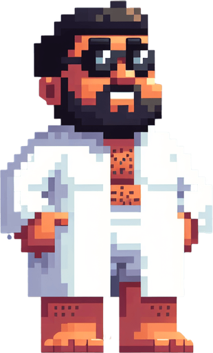 8-bit. Cartoon. Guy the beach. Full body. Looking up. Sunglasses. Worried. In game asset. Single Game Texture. In-Game asset. 2d. Blank background. High contrast. No shadows.