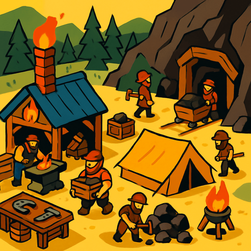 Demirci ve madencilerin olduğu uzaktan bakış bir kamp alanı oluştur..
In-Game asset.  2d.  High contrast.  No shadows