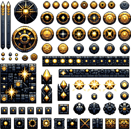 Create a sprite sheet featuring various components of a gold coin, incorporating dungeon design elements. The design should include top-down views of gold coin. Each part should be distinct, with a cohesive color scheme of metal, gold and black, accented by glowing lights for a fantasy look. The style should be detailed pixel art, reminiscent of classic 32-bit era video games, with glowing lights serving as style guides. Arrange the components on a dark background, with each part neatly aligned in rows and columns for easy identification and use in game development..
Single Game Texture. In-Game asset. 2d. Blank background. High contrast. No shadows.
