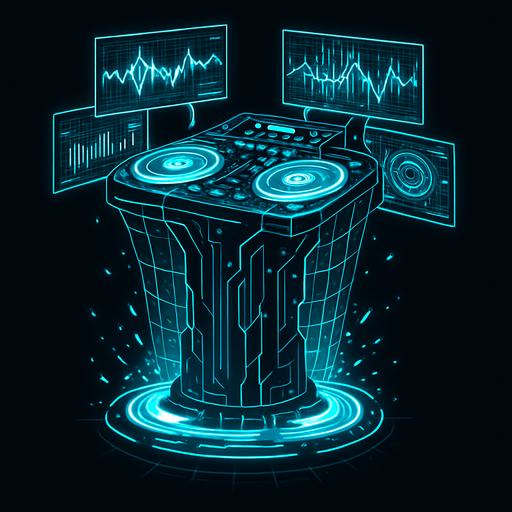 Una torre que es una mesa de DJ futurista y auto-programable, flotando sobre el suelo. Tendría múltiples pantallas holográficas que muestran complejos patrones de ondas sonoras y datos. Los platos serían discos de energía giratorios que emiten luz y chispas, y la torre en sí podría estar rodeada por un campo de fuerza o una rejilla de luz..
In-Game asset.  2d.  High contrast.  No shadows