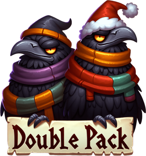 a pergament letter with the name "double pack". It has two evil smiling ravens with christmas hats and colorful scarves. vertical. Single Game Texture. In-Game asset. 2d. Blank background. High contrast. No shadows.