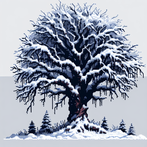 pixel art of a dead tree covered in snow. Single Game Texture. In-Game asset. 2d. Blank background. High contrast. No shadows.