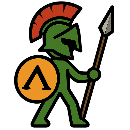 Green stickman with a Spartan helmet, Spartan shield and Spartan spear.
In-Game asset.  2d.  High contrast.  No shadows