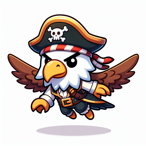 chibi cartoon eagle pirate fly.
Single Game Texture.  In-Game asset.  2d.  Blank background.  High contrast.  No shadows