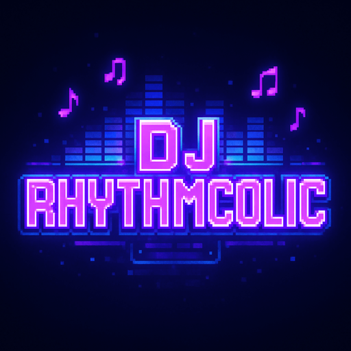 A bold and stylish pixel art logo text for the game title “DJ RHYTHMCOLIC” designed for a lo-fi rhythm pixel art game. The text is large, vibrant purple with neon glow effects, featuring a retro pixel font that looks futuristic and energetic. Behind the text, subtle pixelated neon sound waves and small music notes float gently in purple and blue hues, blending with a cozy DJ studio atmosphere. The background is transparent or very dark to highlight the glowing title. The style matches a dreamy, neon-lit nighttime vibe with pixel-perfect detail..
In-Game asset.  2d.  High contrast.  No shadows